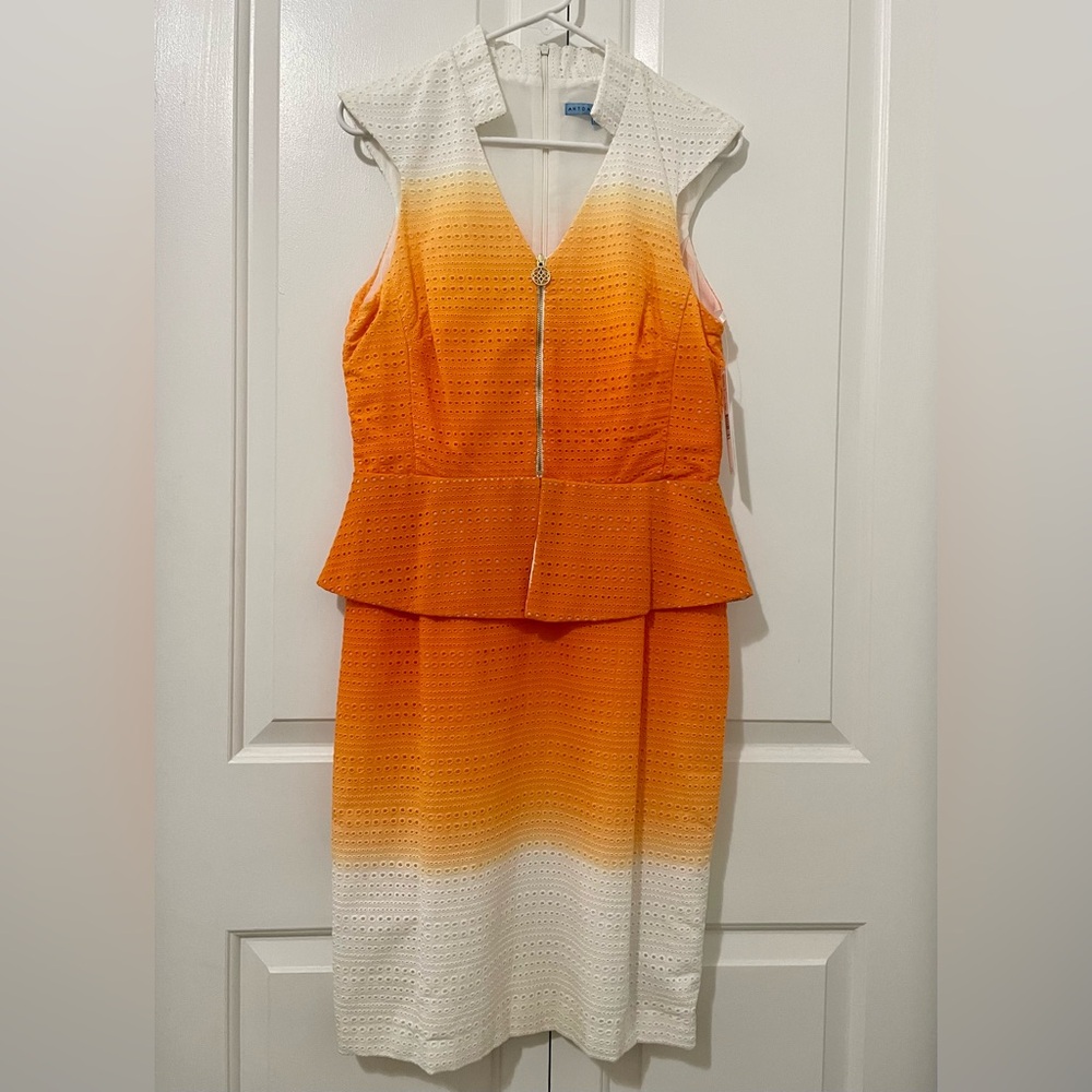 Antonio Melani Saranda Dress Size 8 Ivory Orange Sheath Peplum Pencil Dressy